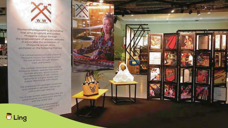 Showcase of traditional Filipino folk arts and crafts in a museum display.