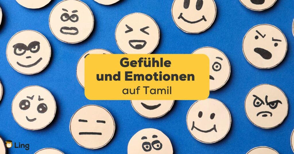 Viele Gesichter mit verschiedenen Emotionen auf blauem Hintergrund. Über 8 Gefühle und Emotionen auf Tamil