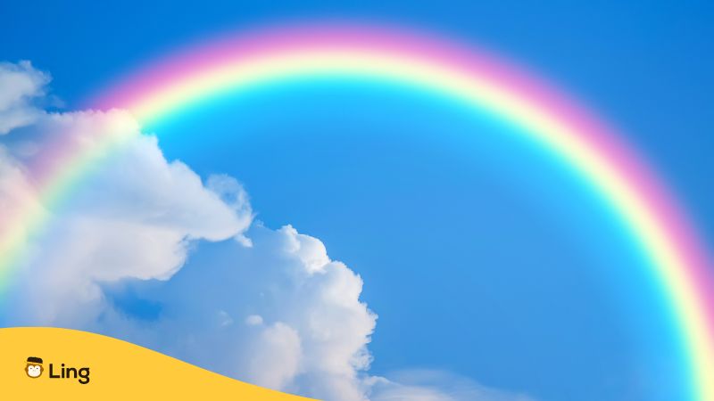 A rainbow against a blue sky and white clouds