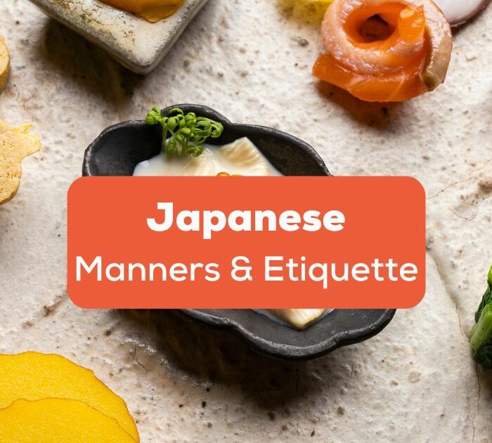 Japanese manners and etiquette title on sushi spread - Ling app