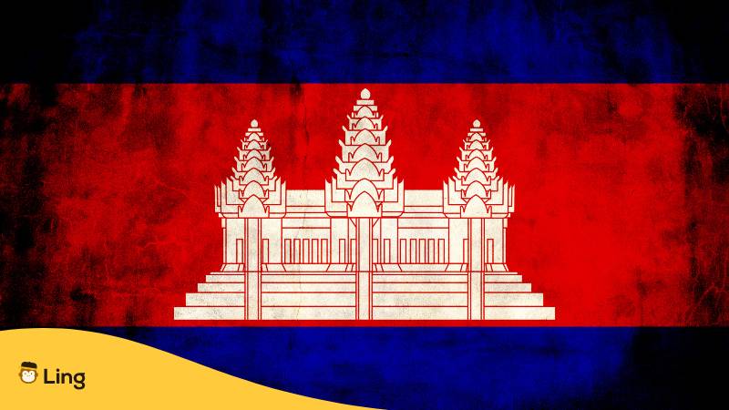 Kambodschanische Flagge. Entdecke 6 Möglichkeiten, wie geht es dir auf Khmer zu sagen, mit der Ling-App.