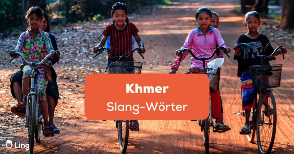 Glückliche kambodschanische Kinder auf Fahrrädern, Kambodscha. Lerne witzige Khmer Slang-Wörter mit Ling!