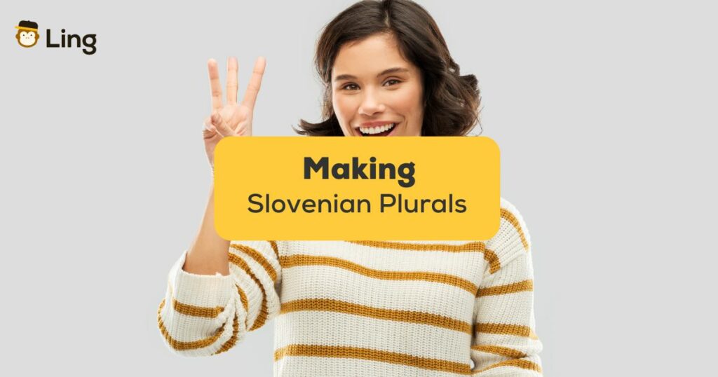 Woman holding up three fingers - Making Slovenian words plural Ling app