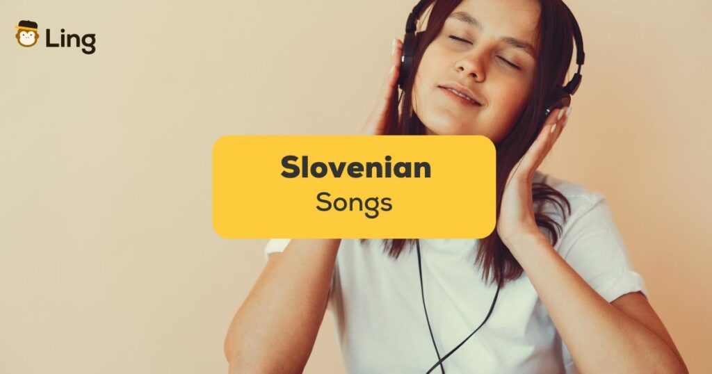 Girl with headphones listening to Slovenian songs - Ling app