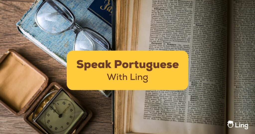 speak portuguese title on open book and glasses