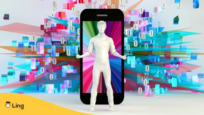 A white male figurine with the background of a mobile screen and flying graphics