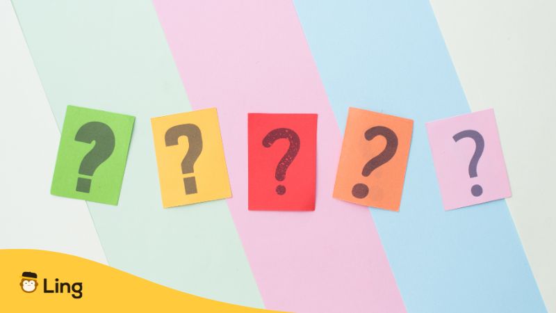 question marks on colorful cards - question words in Telugu - Ling app