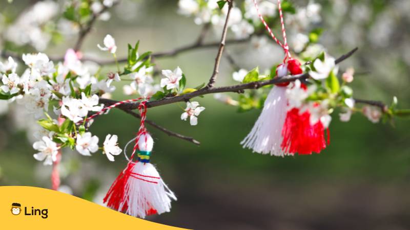Bulgarische Martenitsa In Einen Blühenden Baum Geschmückt