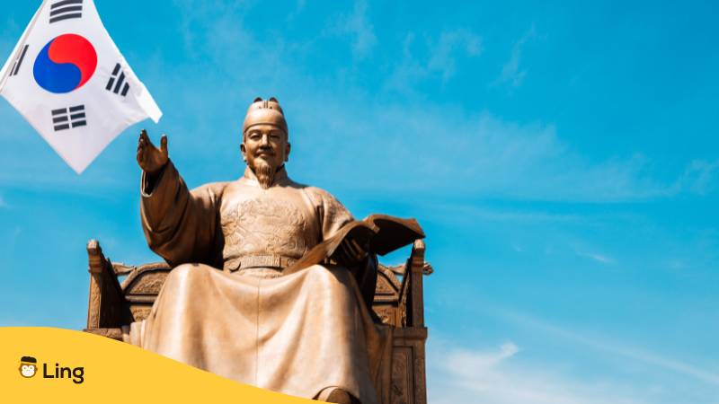 Flagge Von Korea Und Eine Statue Von König Sejong