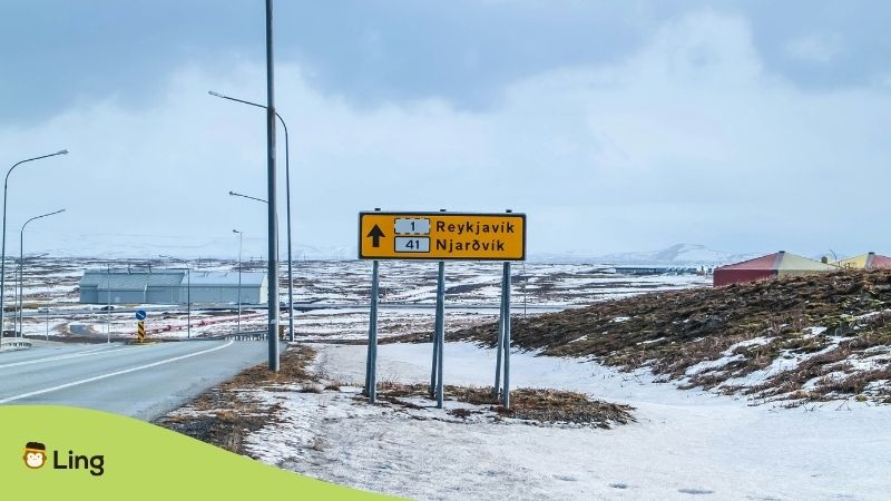 Road Sign In Iceland With The Distance To Reykjavík And Njarðvík. 