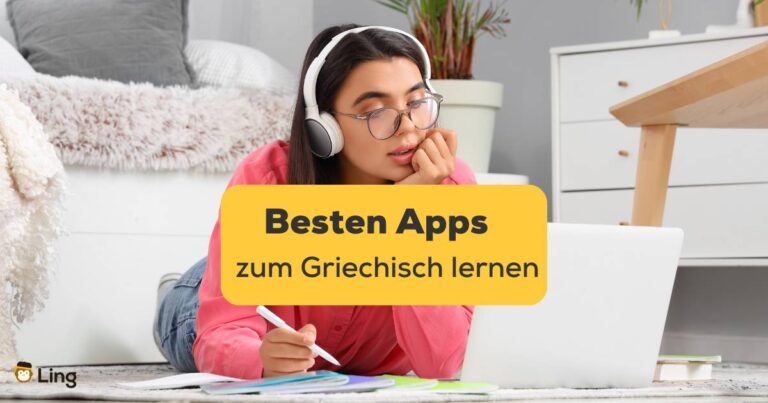 Junge Frau Lernt Mit Der Besten App Griechisch. Erfahre, Welche Die Besten Apps Zum Griechisch Lernen Sind Und Was Ihre Vor- Und Nachteile Sind