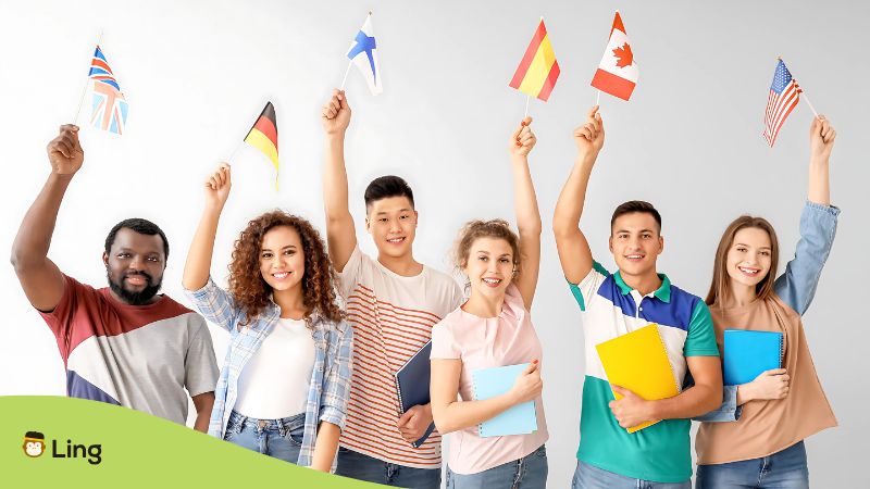 Students Waving Flags Of The Languages They Are Learning - Unlimited Language Learning Apps