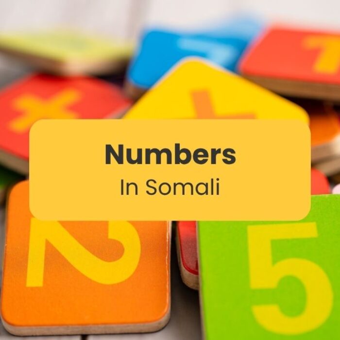 "Numbers in Somali" written on a yellow text box with an image of tiles with numbers as background