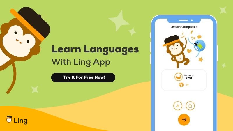 Ling's Mascot (A Monkey), A Screenshot Of The App, And Text That Says &Quot;Learn Languages With Ling App&Quot;