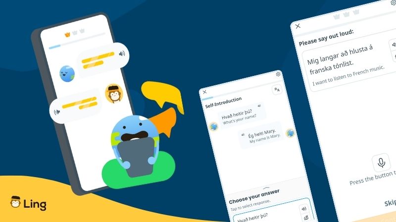 App Screenshots Of Ling App Icelandic Course Speaking Practice With Native Speaker Audio, And Dialog Games