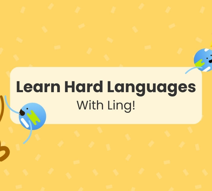 "Learn hard languages with Ling" written on a text globe surrounded by illustrations of Ling's mascots (a monkey and an earth globe)
