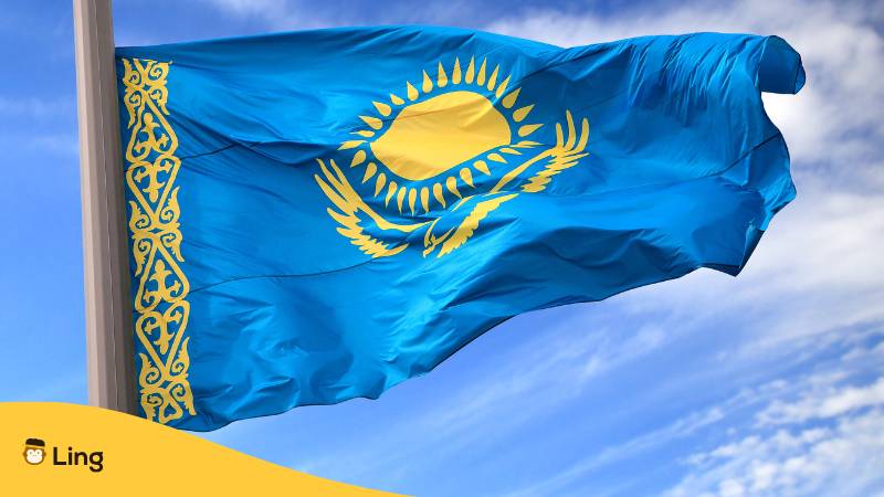 Die Flagge Von Kasachstan Weht Im Wind