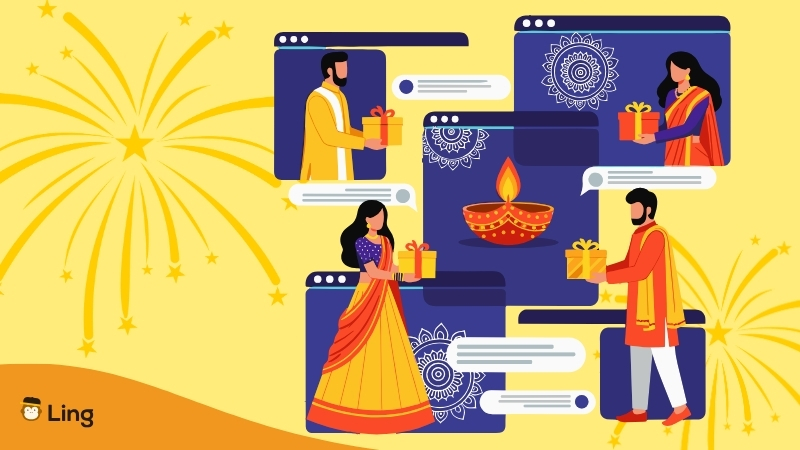 An Illustration Of People Offering Diwali Gifts Against Multiple Screen Backdrops