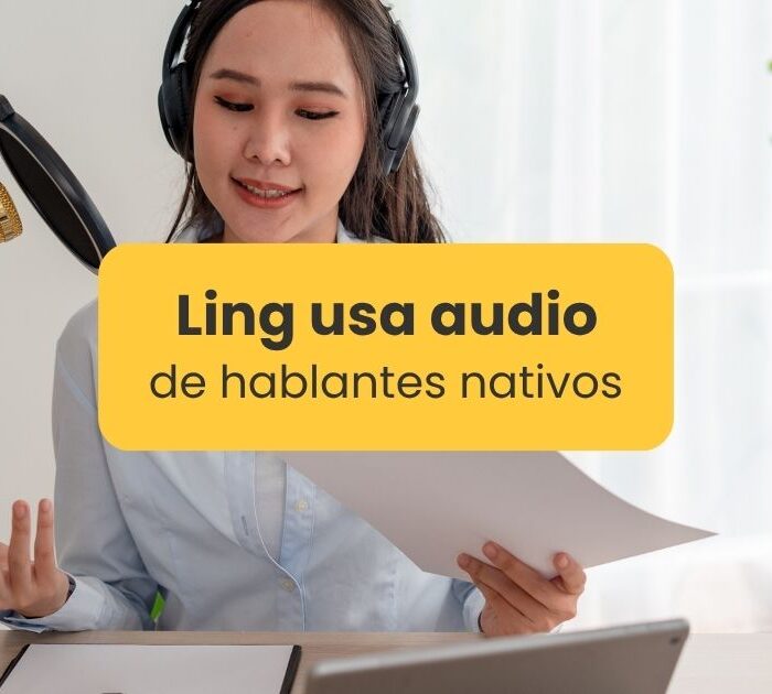 Mujer grabando audio con un micrófono profesional - Ling usa audio de hablantes nativos