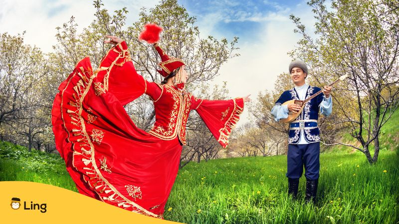 Kazakh Couple Wearing Traditional Kazakh Clothes