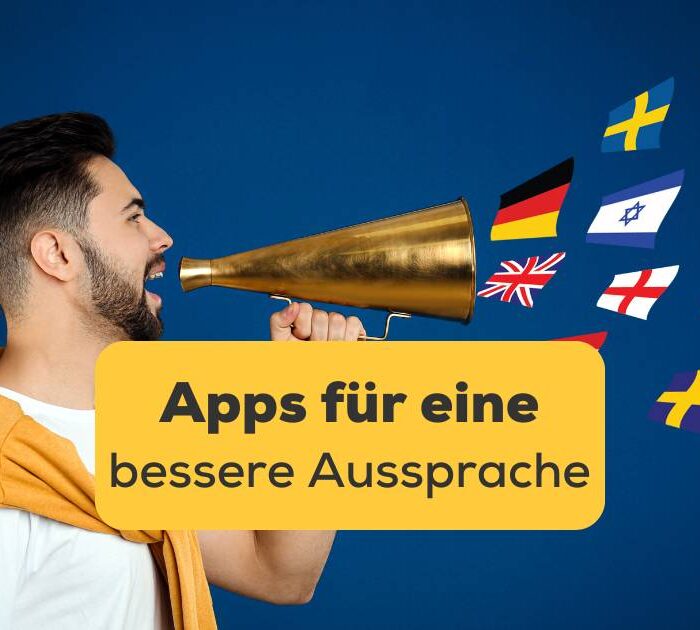Junger Mann mit Megafon. Entdecke die 6 besten Apps für eine bessere Aussprache
