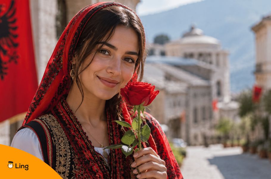 Albanian Woman Holding A Red Rose