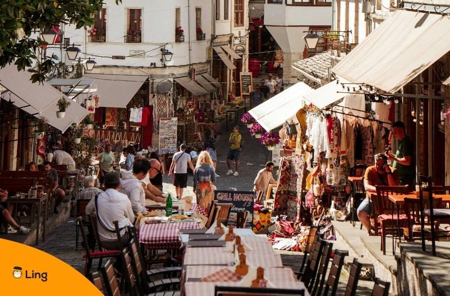 Street View Of Gjirokastër Bazaar In Albania