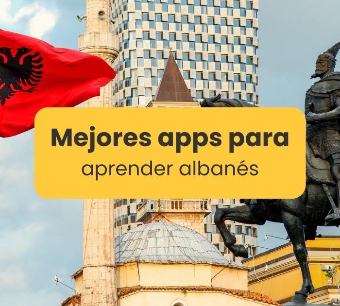 Bandera de Albania y estatua de Skanderbeg - Mejores apps para aprender albanés