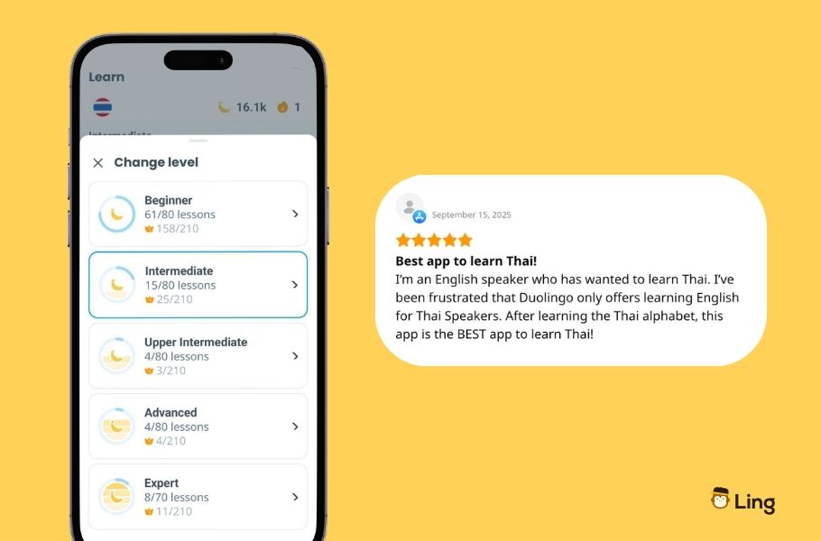 Ling App Thai Course Level Screen Next To A Five-Star App Store Review Calling Ling The Best App To Learn Thai