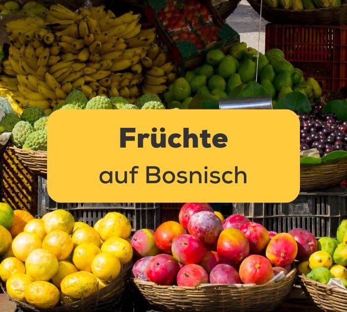 Marktstand mit Körben voller Früchte. Erweitere deinen Wortschatz um Früchte auf Bosnisch.
