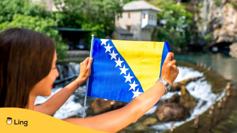 Frau Betrachtet Die Farben Der Bosnischen Flagge