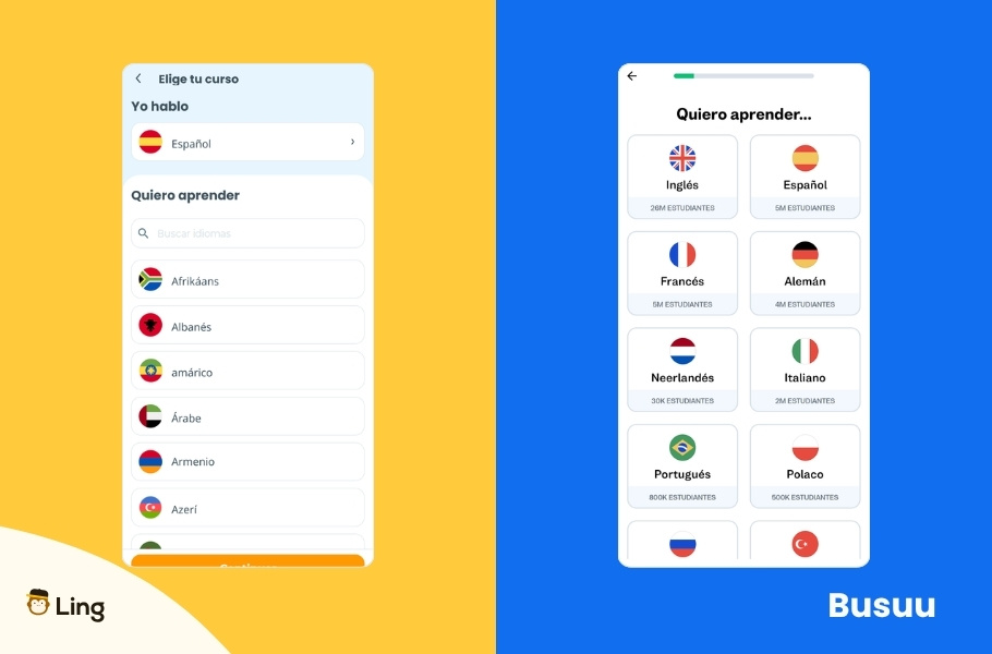 Capturas De Pantalla Mostrando La Selección De Idiomas En Ling Y Busuu