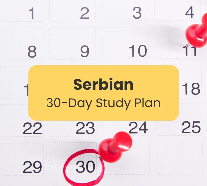 Serbian 30-day study plan written against a calendar