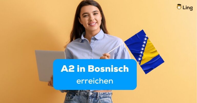Junge Frau Mit Macbook Und Bosnischer Flagge, Lächelt Zufrieden. Erfahre In Diesem Beitrag, Wie Du A2 In Bosnisch Erreichen Kannst.