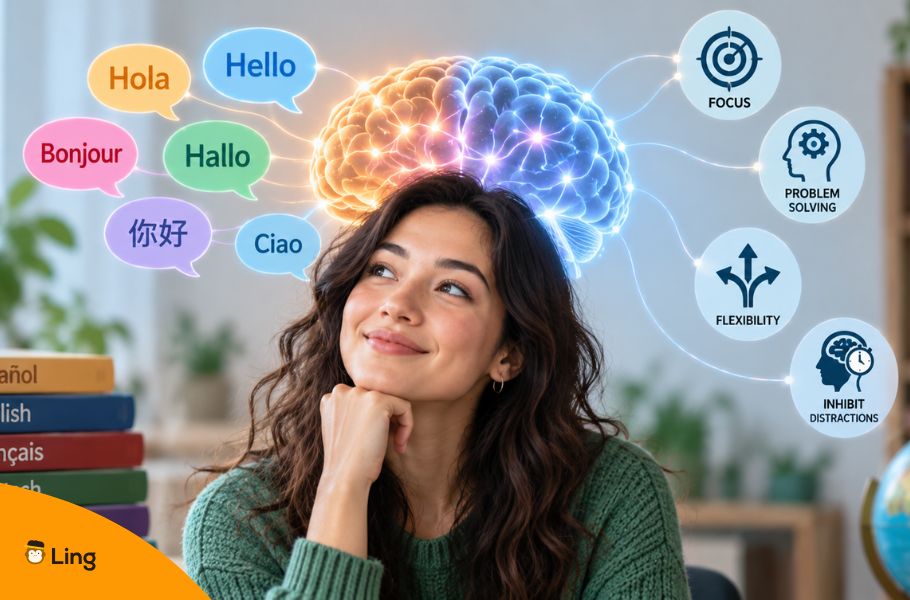 Woman Thinking With A Glowing Brain, Multilingual Speech Bubbles, And Focus Icons
