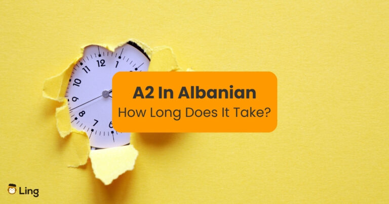 How Long Does It Take To Reach A2 In Albanian Written Against A Yellow Background And A Clock