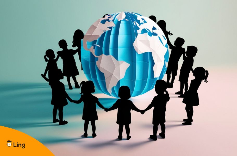 Silhouettes Of Children Holding Hands Around An Origami Earth Globe