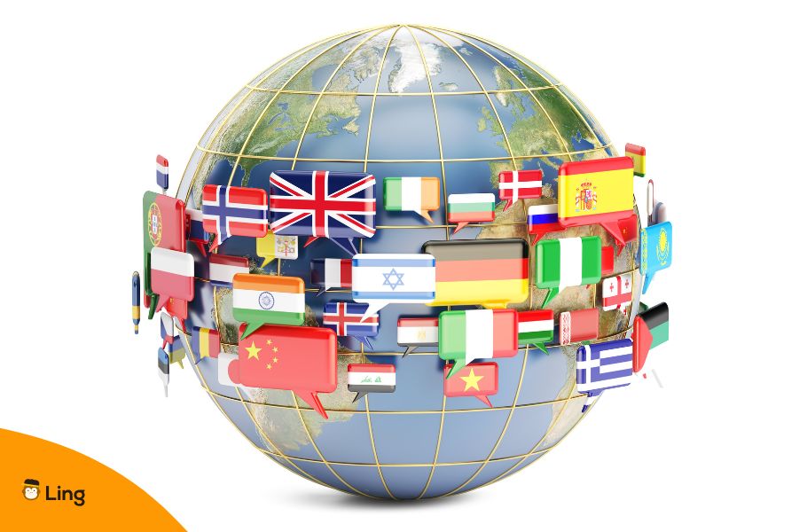 Language Bubble Flags Revolving Around The Globe
