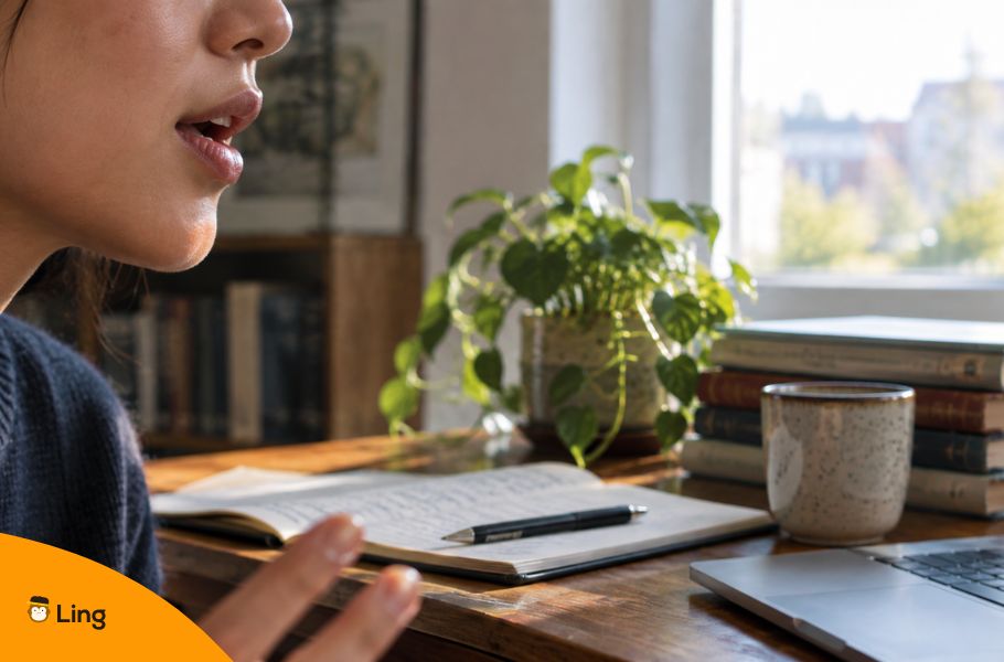 Woman Practicing Pronunciation At A Desk With Books And A Notebook