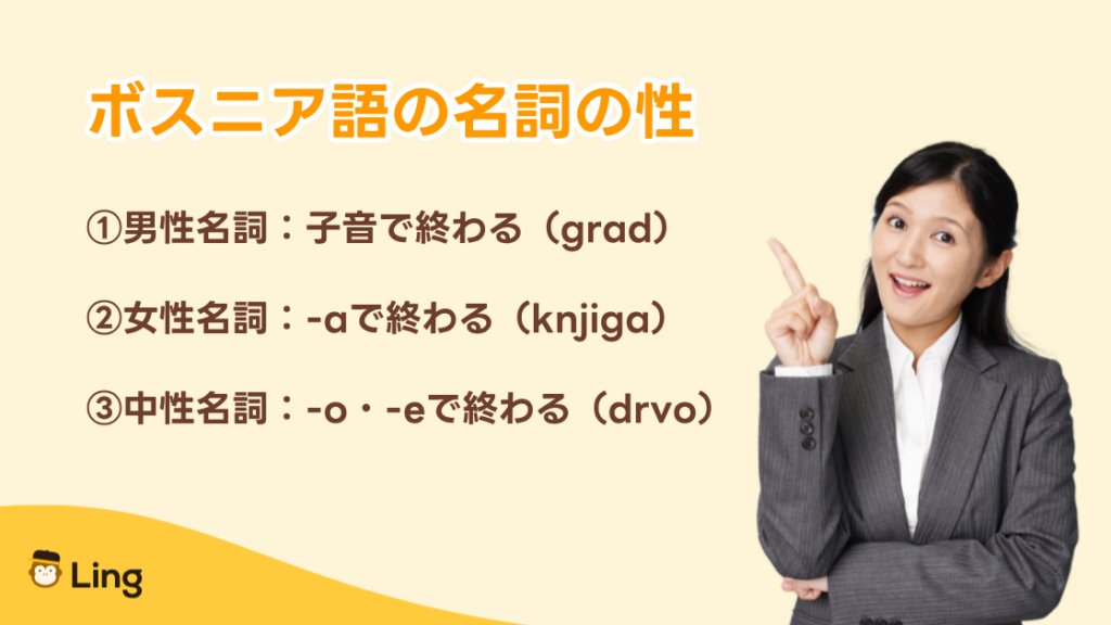 ボスニア語の名詞の性:男性名詞は子音、女性名詞は-A、中性名詞は-O・-Eで終わる