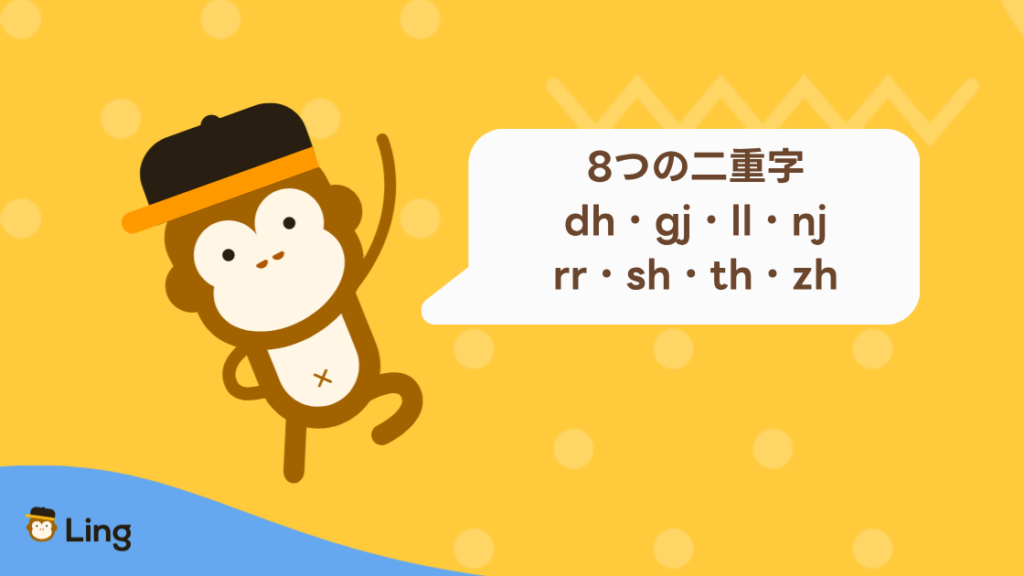 アルバニア語のアルファベットの8つの二重字:Dh・Gj・Ll・Nj・Rr・Sh・Th・Zh