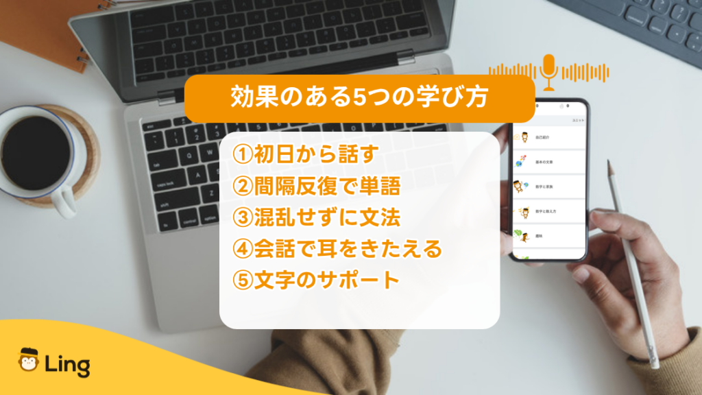 効果のある5つの学び方:初日から話す・間隔反復・文法・リスニング・文字のサポート