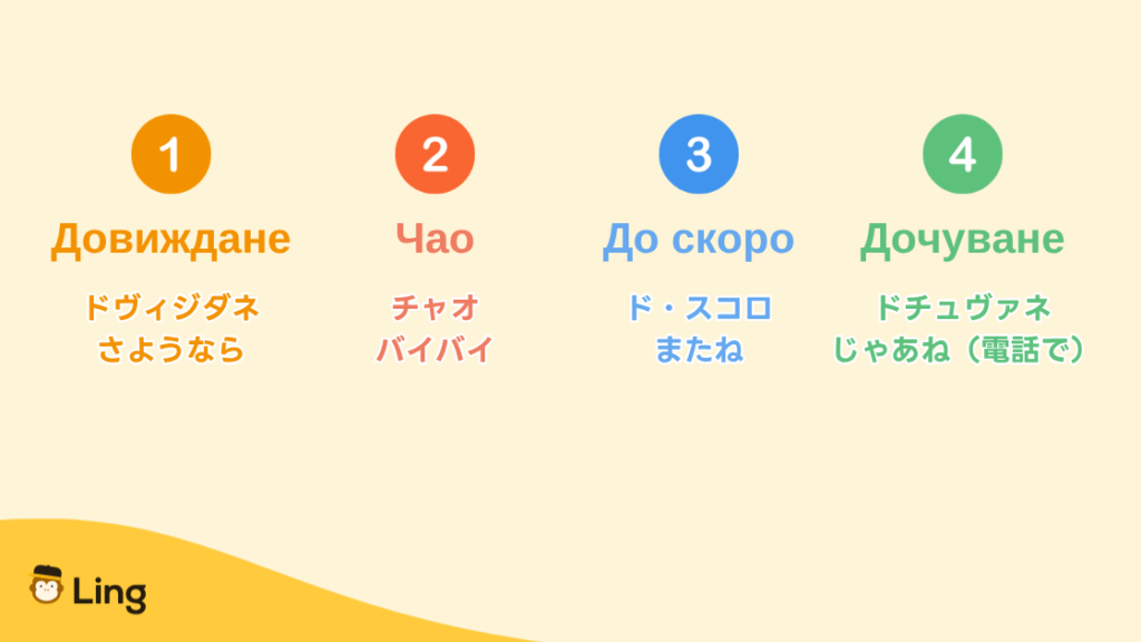 ブルガリア語のさようなら:Довиждане・Чао・До Скоро・Дочуване