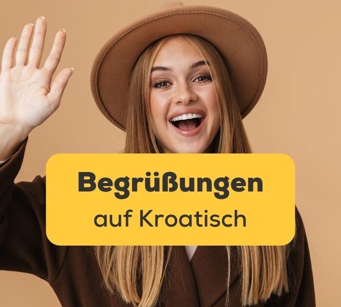 Junge blonde Frau mit Hut winkt und grüßt auf Kroatisch. Entdecke die wichtigsten Begrüßungen auf Kroatisch mit Ling.