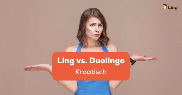 Junge Frau In Blauem Kleid Steht Fragend Vor Brauner Wand. Erfahre Mehr Über Ling Vs. Duolingo Kroatisch Und Entdecke Die Wichtigsten Vor- Und Nachteile.