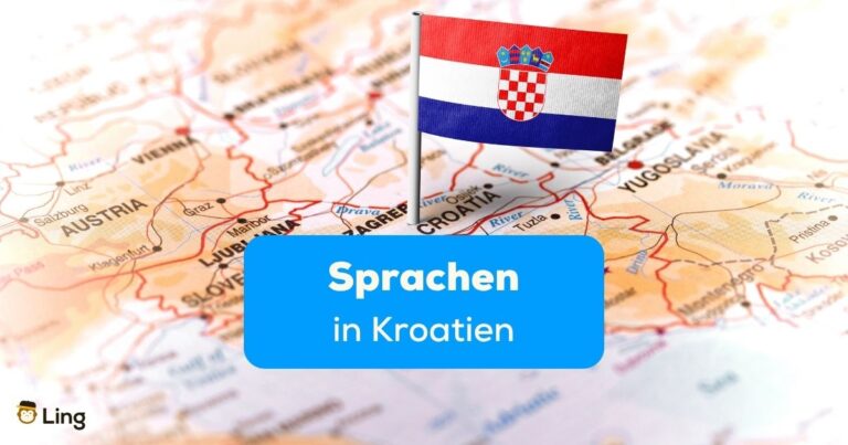 Kleine Kroatische Flagge, Die In Die Landkarte Von Kroatien Gepinnt Ist. Erfahre In Diesem Beitrag, Welche Sprachen In Kroatien Gesprochen Werden.