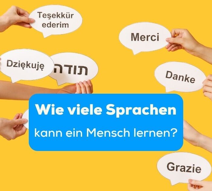 Ausgestreckte Hände halten Sprechblasen mit „Danke“ in verschiedenen Sprachen vor gelbem Hintergrund. Erfahre in diesem Beitrag, wie viele Sprachen kann ein Mensch lernen?