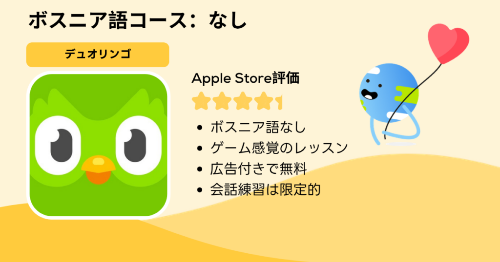 デュオリンゴのアプリカード:ボスニア語コースなし