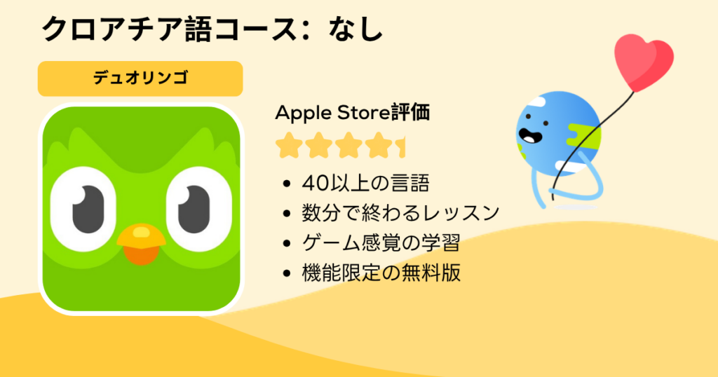 デュオリンゴのアプリカード:クロアチア語コースなし