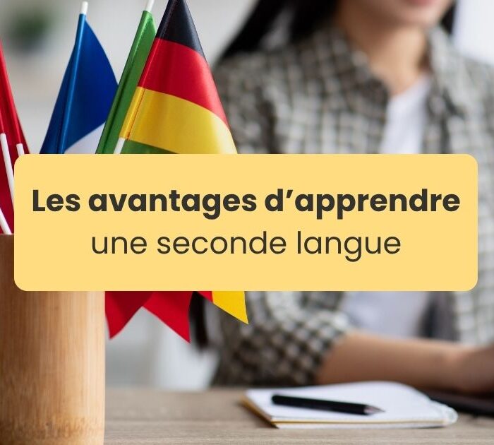 Avantages d'apprendre une seconde langue Personne assise devant un ordinateur à côté d'un pot à crayon qui contient contient des drapeaux miniatures de pays divers